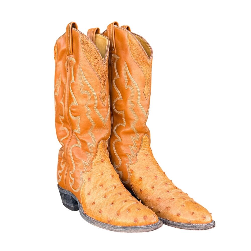 Vintage 1980's Tony Lama Cognac Ostrich Boots |  Made in USA | Size 8.5 D